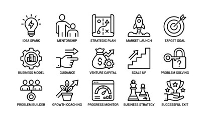 Fototapeta premium Business concept icons arranged in labeled grid on white background