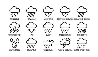Fototapeta premium Rain and precipitation icons showing various shower types and storms
