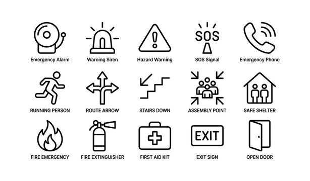 Emergency and safety icons set displayed in grid on white background