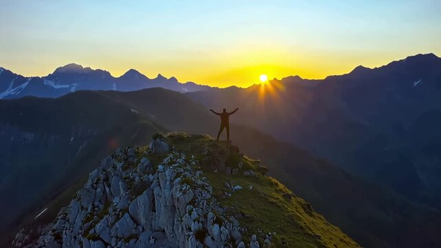 A person stands on a mountain peak with arms raised as the sun rises. The sky lights up with colors while the mountains frame the backdrop. This moment shows the beauty of nature at dawn.