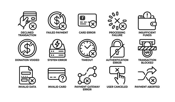 Payment error icons showing declined and failed transactions