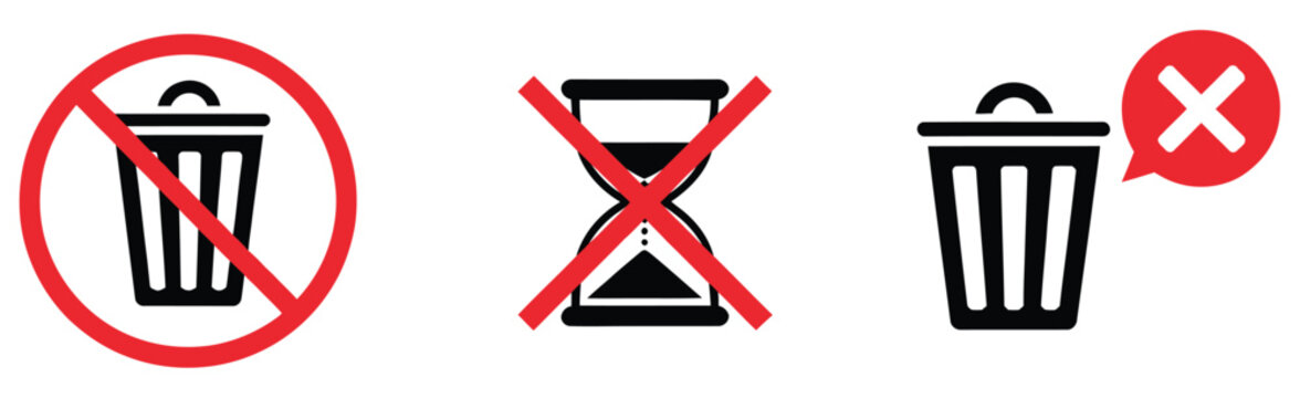 No trash bin icon in flat style, prohibition symbol for anti-littering rules, public area restriction sign, clean vector illustration isolated, environmental cleanliness and waste disposal regulation 