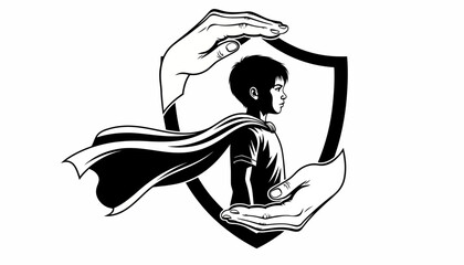 Black and white illustration of a protected superhero child. © Petani