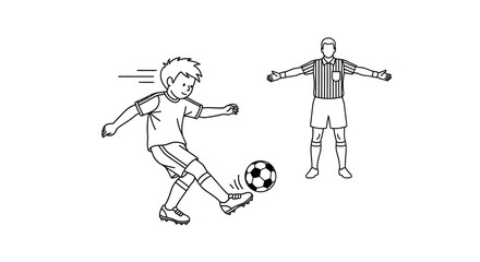 A young soccer player kicking a ball while a referee stands nearby. © Petani