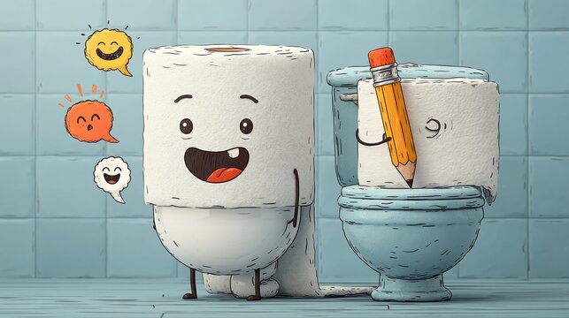 Cartoon toilet paper character with a pencil next to a toilet, smiling and surrounded by colorful speech bubbles on a blue tiled bathroom background