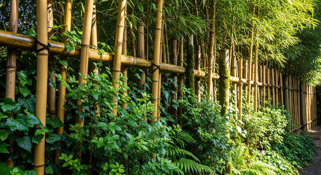 Bamboo Fence with Green Plants Garden Nature Background Concept