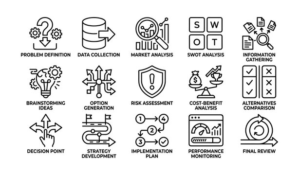 Business planning icons showing analysis and process stages