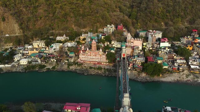 Rishikesh cinematic drone view of trimbakeshwar temple near bajrang setu bridge