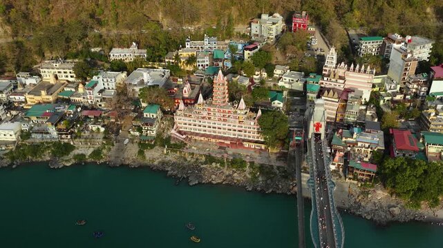 Aerial view of tera manzil or trayambakeshwar temple at rishikesh, 6k footage 