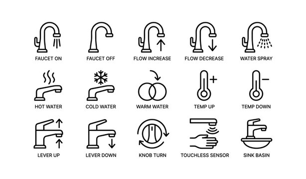 Faucet and water control icons arranged in grid on white background