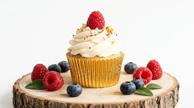 "Elegant cupcake with frosting, raspberry, and golden sprinkles, surrounded by berries on a wooden surface."