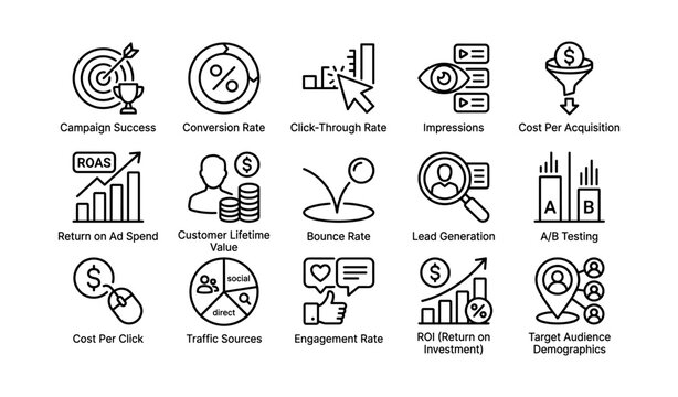 Marketing metrics icons showing campaign performance on white