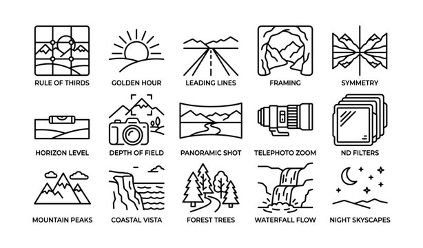 Photography composition and landscape icons on white background