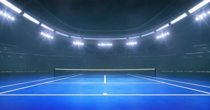 Blue tennis court at a sports arena in foggy weather with shining floodlights and fans ready for an upcoming nighttime sports event. Loopable professional sports advertisement video background. 