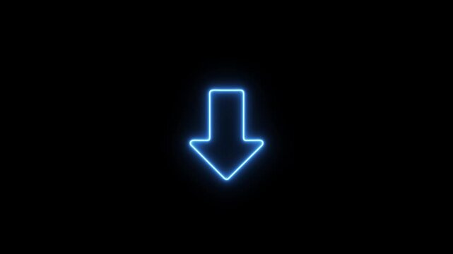 Animated neon arrow pointing down on black background.Abstract glowing down arrow icon animation