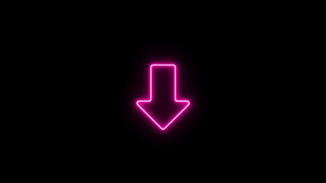 Animated neon arrow pointing down on black background.Abstract glowing down arrow icon animation