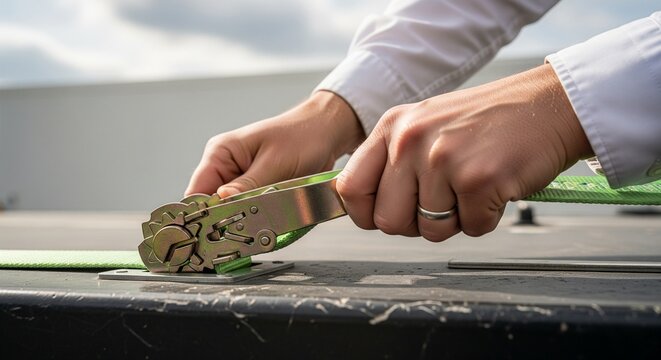 Close-up of Person's Hands Using a Ratchet Tie-Down Strap to Secure Cargo on a Flat