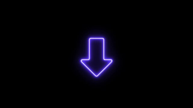 Animated neon arrow pointing down on black background.Abstract glowing down arrow icon animation