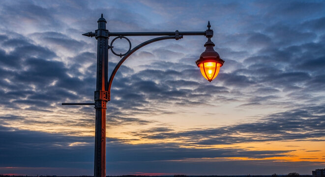 Vintage Street Lamp Lighting at Dusk Dramatic Sky Outdoor Concept