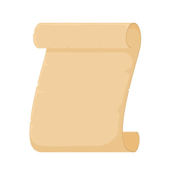 brown parchment scroll partially unrolled, with curled ends and blank central panel, against white background. Vector illustration