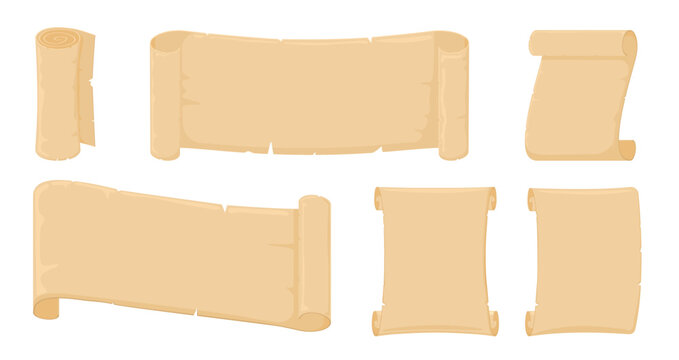 Collection of beige parchment scrolls in various sizes, rolled and unfurled, on a white background. Set of vector illustrations