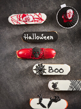 This image showcases creatively designed Halloween desserts featuring spooky elements like skulls and spiders
