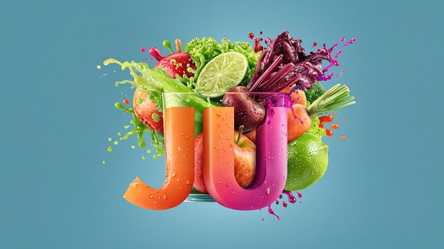 Colorful fruit and vegetable splash design featuring the letters JU, with vibrant greens, reds, and yellows against a blue background