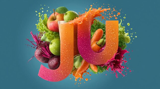 Colorful juice splash with fresh fruits and vegetables forming the letters J and U on a blue background, showcasing healthy beverage concept and vibrant design