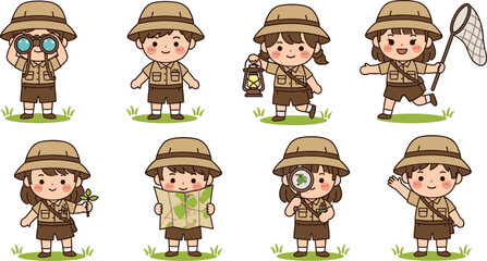 Cute little explorer girl poses collection with safari adventure cartoon vector illustration set © Prodip