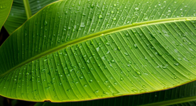Green Leaf with Water Drops Macro Nature Freshness Background Concept