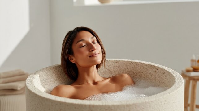 Young woman with long brown hair relaxes in a modern round bathtub filled with bubbles, soft lighting and minimalistic decor in a serene bathroom setting