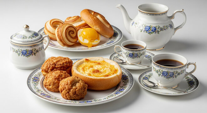 Tea Time Setup with Cookies and Swiss Roll Cake &ndash; Elegant Breakfast and Dessert Concept