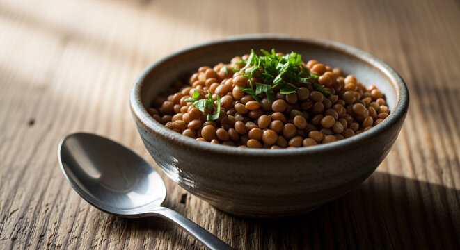 Cooked Lentils in Bowl with Parsley &ndash; Healthy Vegan Protein Food Concept