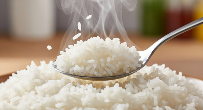 Steaming White Rice on Spoon Close Up &ndash; Fresh Cooked Food and Staple Diet Concept