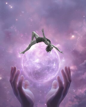 Surreal Woman Floating Above Glowing Moon in Purple Galaxy, Mystical Cosmic Fantasy Art