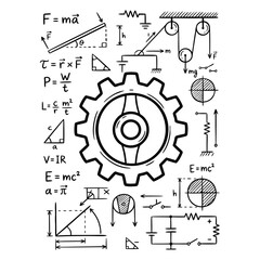 Obraz premium Physics formulas. Gear, electrical diagrams, and mathematical graphs. A black and white linear set of elements for themes of science, education, mechanics, physics, mathematics, and drafting.
