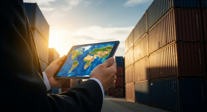Businessman reviewing global logistics and shipping routes on a tablet in a container yard at sunset