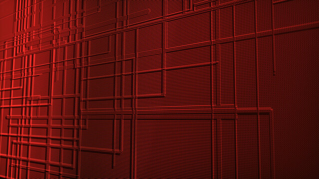 An abstract technological composition of glowing dots and lines forming a complex digital structure. The vibrant geometric grid conveys the atmosphere of high technology, digital systems, and virtual
