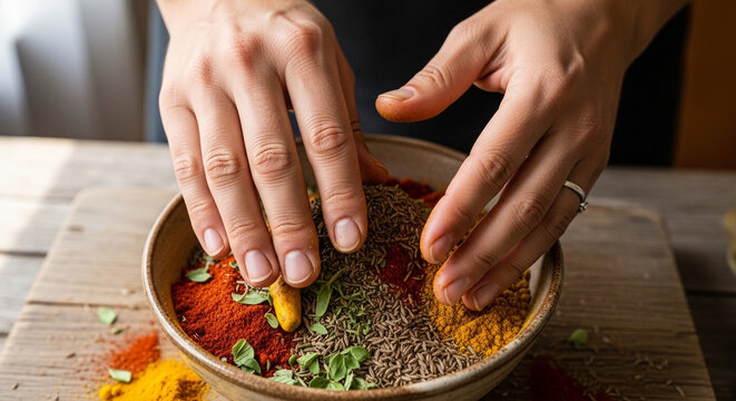 Hands Mixing Colorful Indian Spices in Bowl &ndash; Traditional Cooking and Food Preparation Concept