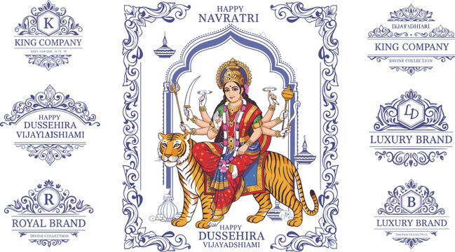 Happy Navratri Dussehra Vijayadashami Goddess Durga on Tiger with Luxury Royal Brand Logo Badge Set Vector Illustration.eps