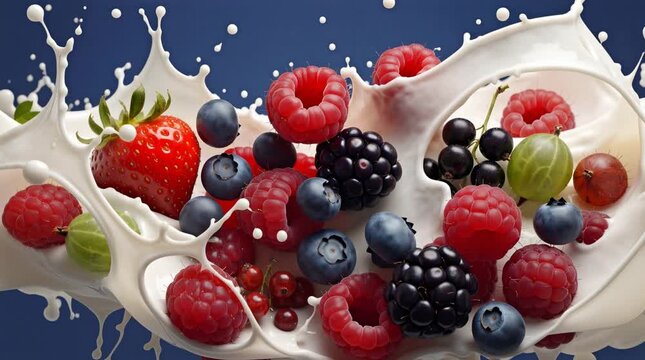 Fresh fruit including strawberries, raspberries, and blackberries mix with milk to create splashes and waves. The colors pop against a dark background during this creative moment.