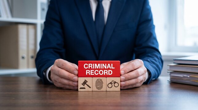 Businessman in a blue suit holds a criminal record file folder at a desk with stacked documents in an office, presenting a legal, employment screening, and background check concept.