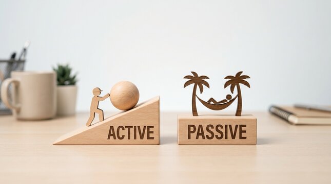 Wooden blocks marked active and passive with miniature palm figurines on a desk represent contrasting marketing segments and engagement styles.