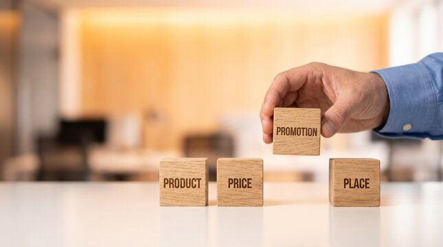 Hand moves a wooden block labeled place among product price and place blocks on a desk for marketing planning.