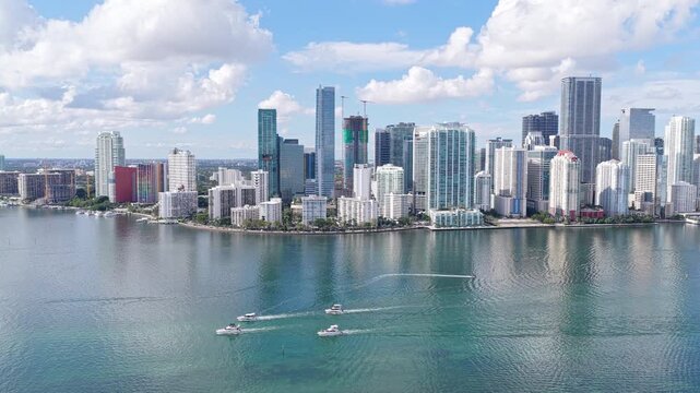 Aerial Miami Brickell downtown financial district. Miami city aerial view. Miami skyline. Travel destination in Miami district.