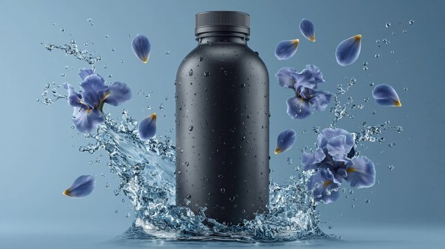 Black plastic bottle surrounded by splashing water and purple flower petals on a blue background, showcasing a clean and modern aesthetic for product presentation