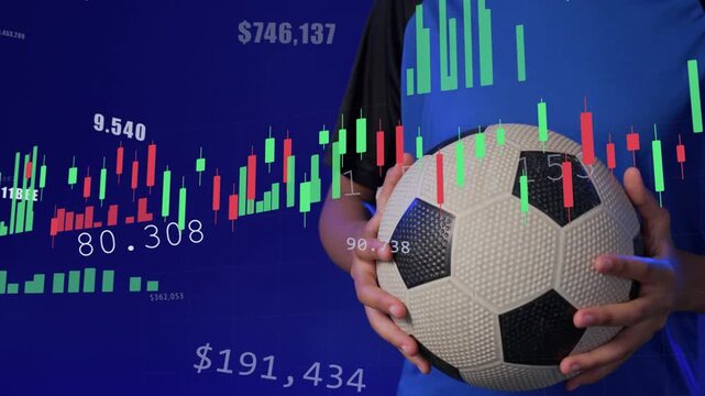 Woman holding soccer ball cam shifting up right candles bars numbers moving over torso for finance
