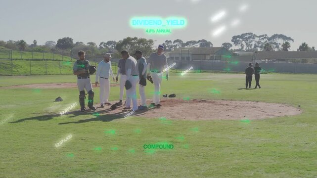 Baseball team breaking huddle on mound walking to field positions while HUD tracking DIVIDEND 4