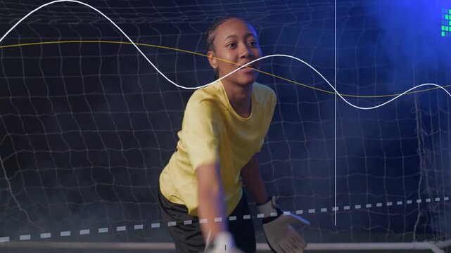 Soccer keeper diving stopping incoming shot holding ball rising protecting net waveforms tracking
