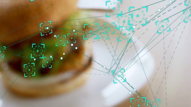Teal overlays shifting, camera pulling focus, markers tracking sandwich, revealing layers for menu